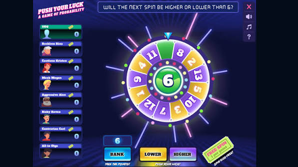 Push Your Luck wheel with higher and lower buttons